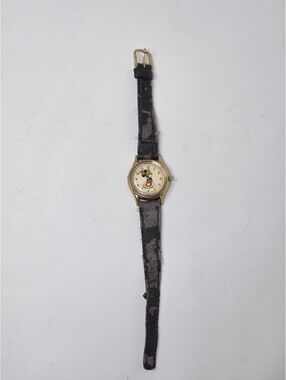 Lorus Disney Mickey Mouse Dial Wristwatch Gold Tone Case Black Strap Quartz